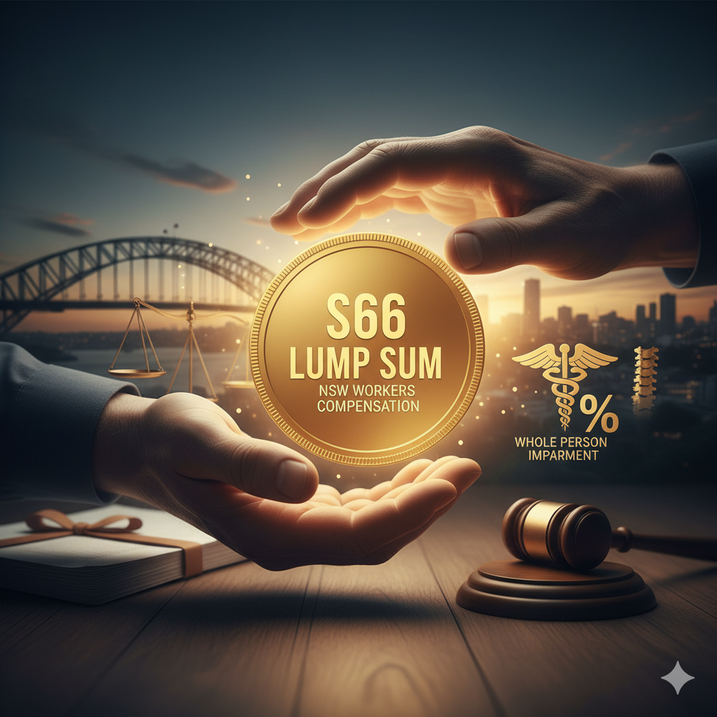 Two hands frame a glowing coin labeled “$66 Lump Sum NSW Workers Compensation,” with icons for law and medicine. Sydney Harbour Bridge and cityscape are in the background. A gavel and scales of justice sit on a table. Two hands frame a glowing coin labeled "$66 Lump Sum NSW Workers Compensation," with icons for law and medicine. Sydney Harbour Bridge and cityscape are in the background. A gavel and scales of justice sit on a table.