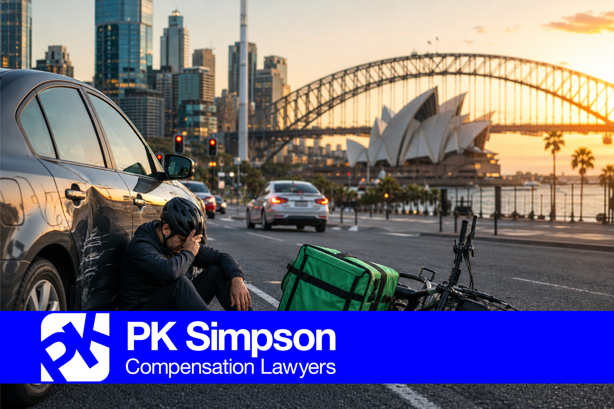 Uber and Delivery Driver Accident Compensation Claims NSW Injured Uber Eats delivery rider involved in a road accident near the Sydney Opera House and Sydney Harbour Bridge, illustrating NSW gig economy accident compensation claims and CTP injury compensation.